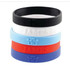 A stack of embossed silicone wristbands in black, white, light blue, red, and dark blue, featuring a logo.