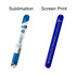 Two silicone slap bands in blue and white designs, each featuring distinct branding, displayed side by side.