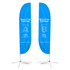 Two large blue convex feather banners, featuring a logo, designed for promotional use, displayed on stands.