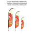 Three convex feather banners in varying sizes, featuring vibrant strawberry graphics. Each banner has a black pole.