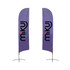 Two angled feather banners in purple, featuring a logo on each, designed for outdoor display.