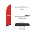 A red angled feather banner with a pole, spike base, and a carry bag for storage. The banner has a logo.