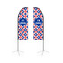 Two straight feather banners, featuring a red, white, and blue pattern with a logo, stand on black bases.