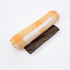 A rolled picnic blanket featuring an orange and beige striped pattern with a brown underside. It includes a logo.