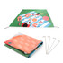 An outdoor blanket in green, featuring a picnic design, folded with pegs beside it. The size is 190x190cm.
