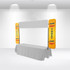 A table top banner with yellow side panels and a blank central area, set up in a bright indoor space.