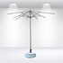 A square patio umbrella with valances, featuring a grey frame and blue base, positioned in a well-lit indoor setting.