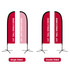 Large straight feather banners in red and pink; one single-sided and one double-sided, with black frames and bases.