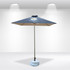 A square patio umbrella with a blue canopy and a light blue base, featuring a logo on the top.