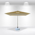 A large, beige market umbrella with a sturdy base, featuring a logo on the canopy.