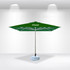 A green commercial market umbrella with a silver pole and a blue base, featuring a logo on the canopy.
