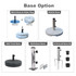 Various umbrella base options including metal, ABS tank, bolt-down, and marble bases. Features an assortment of colours and designs.