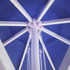 A round market umbrella with a blue canopy and a white frame, showcasing its interior structure and support.