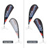 Teardrop banners in black and red, available in single-sided and double-sided options, featuring a logo.