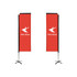 Two tall rectangular banners are displayed on black bases with a red background and a logo.