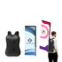 A black rectangle backpack with a flag attachment, featuring vibrant designs and a logo on the front.