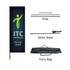A large rectangular banner in black with a green logo, accompanied by a pole, spike base, and carry bag.