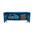 A blue 3-side fitted tablecloth for an 8ft table featuring a logo and a graphic design with outdoor imagery.