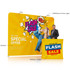 A promotional display wall featuring vibrant colours, with a graphic design and a person standing next to it.