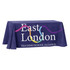 A 4ft purple tablecloth with a logo and colourful design, draped over a table.