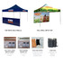 A 3x3m marquee is depicted, with one design featuring half walls in blue and another with a full wall in green.
