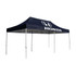 A large navy marquee tent featuring a white logo and multiple support poles.