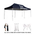A navy blue marquee with a logo on top, featuring a sturdy frame and collapsible structure.