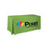 A green 4ft tablecloth with pleats and a logo emblazoned on the front.