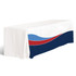 A 6ft table cloth featuring white, blue, and red pleats, with a logo on the front.