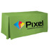A green 8ft tablecloth featuring pleated sides and a logo, designed for promotional purposes.
