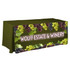 A green 4 side pleated tablecloth featuring grapes and a logo on the front, designed for an 8ft table.