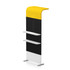 A promotional display stand featuring black, yellow, and white colours with three shelves for products.