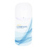 A cylindrical product display in blue and white with a smooth finish and a logo on the front.