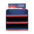 A three-tier counter display in blue and red, featuring a festive Christmas design at the top with a logo.