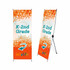 An orange and white X-frame banner featuring a geometric design and a logo, measuring 60 x 160 cm.