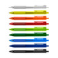 A row of ten Flow Gel Pens in various colours: clear, yellow, orange, green, dark green, blue, and black. Each has a logo.