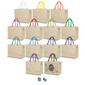 A collection of tote bags in various colours with contrasting handles, featuring a decorative bag in the centre.