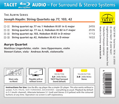 The Auryn Quartet Auryn's Haydn Op. 77, 103, 42 Blu-Ray Audio Disc 2