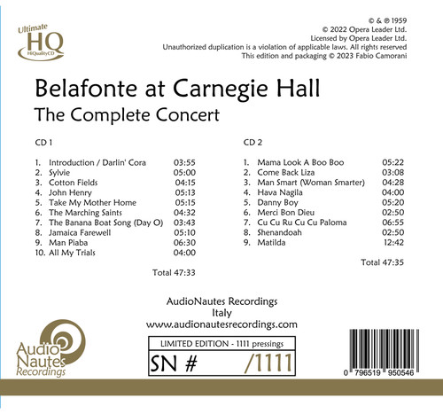 Harry Belafonte Belafonte at Carnegie Hall: The Complete Concert Numbered Limited Edition Japanese Import 2UHQCD 2