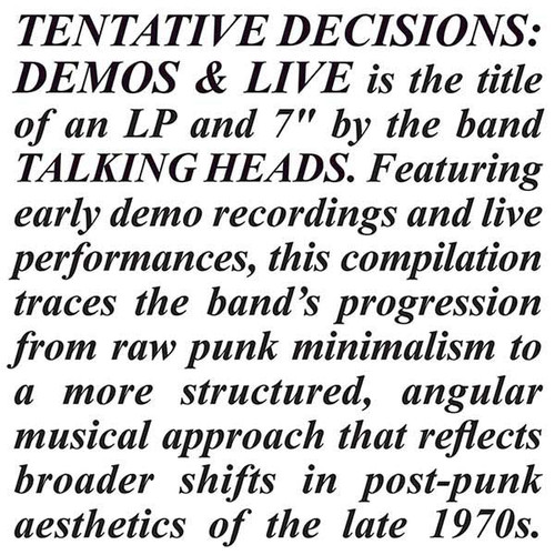Talking Heads Tentative Decisions: Demos & Live LP & 45rpm 7" Vinyl Single 2