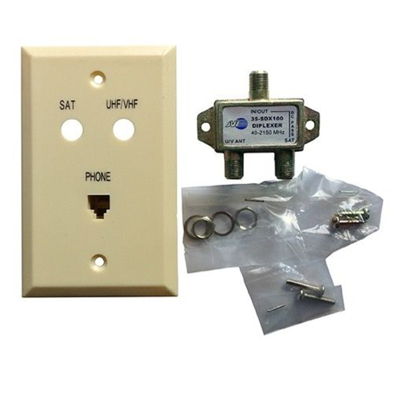 Diplexer Wall Plate Phone Jack Modular RJ11 RJ-11 Coax Cable Satellite Combo Ivory Flush Mount Jack Outlet Cover Digital Video Signal Off-Air Antenna Satellite Dish, DC Power Passing, Part # JVI Mini 35-SDX100