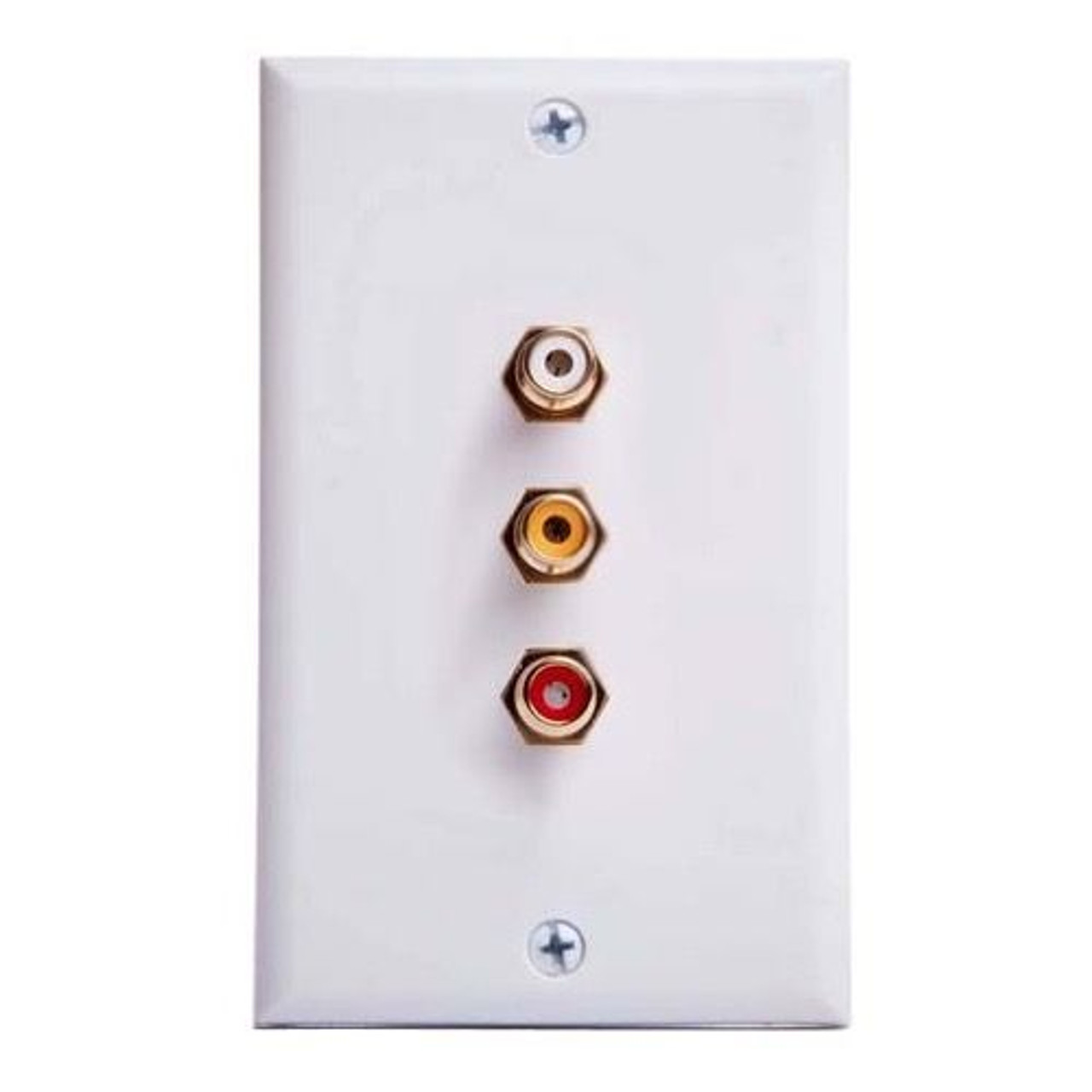 Phillips M62077 3 RCA Jack Wall Plate White Composite Audio Vedeo Stereo 3-Way Gold Signal Line Wire Philips M62077 Flush Mount Outlet Cover with Triple Plugs Hook-Up, Part # M-62077