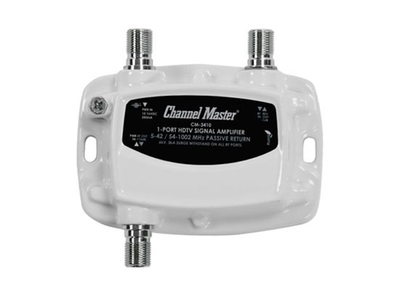 Channel Master 3410 Ultra Mini Distribution Amplifier Single Output RF 1 Port 15dB Drop Signal TV Booster Amp Multimedia 5-42 / 54-1002 MHz Passive Return