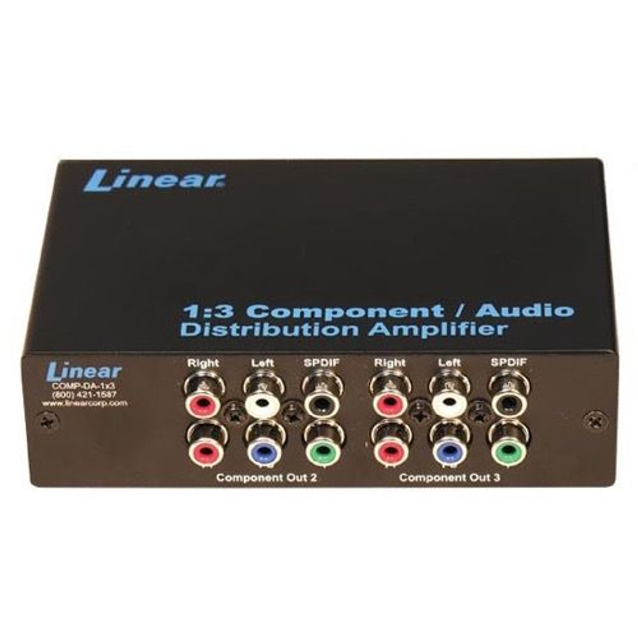 Linear COMP-DA-1X3 Component Audio Distribution Amplifier One to 3-Way Display Distributes One HD 1.3 Component Video Source with Audio to Three TV Locations, 1 Input to 3 Output, Part # COMPDA1X3