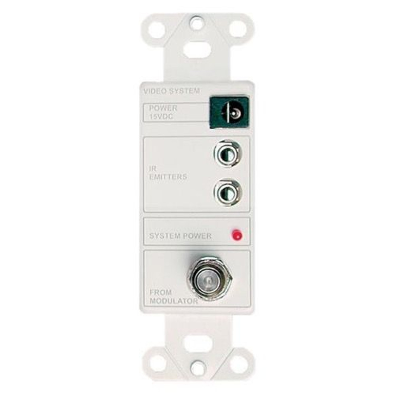 Linear 2010 In-Wall Power Injector Wall Plate IR Interface White Decora Style Insert with Two IR Emitter Ports and RF Output Interface Module Power Jack for Remote Power