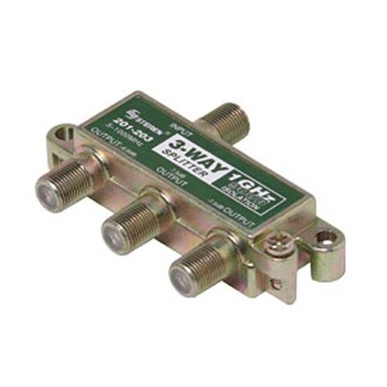 Steren 201-203 3-Way Splitter 1 GHz 90 dB F-Type CATV 75 Ohm 5 - 1000 MHz Balanced Isolation 6.5 dB Max Insertion Loss Port - Port 29 dB Min Isolation Solder Back Cover High Performance Printed Circuit Board, Part # 201203