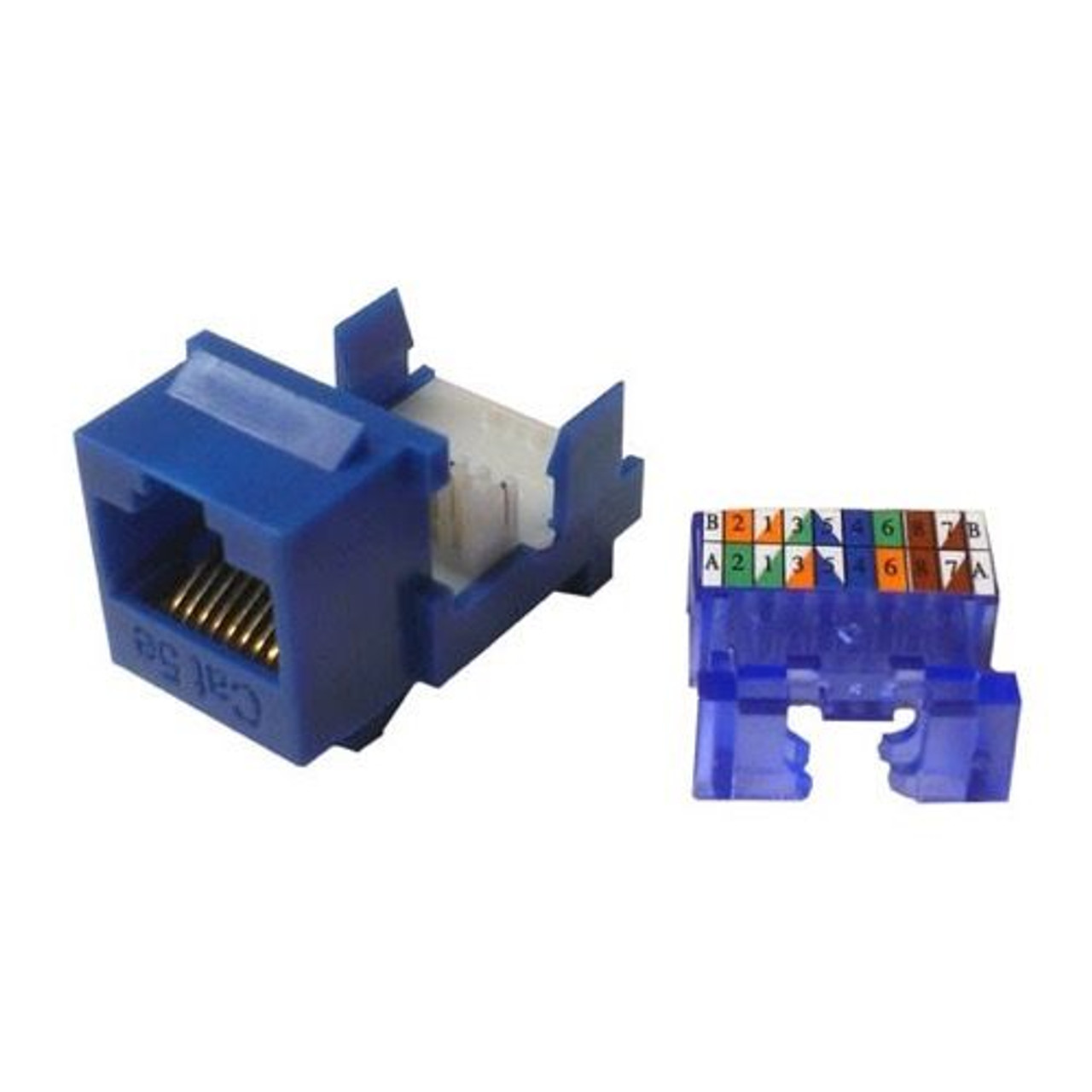 Vanco CAT5E Keystone Jack Insert Blue Tooless RJ45 Connector CAT-5E Network 8P8C RJ-45 QuickPort 8 Wire Twisted Pair Modular Telephone Wall Plate Snap-In Insert Computer Data Telecom