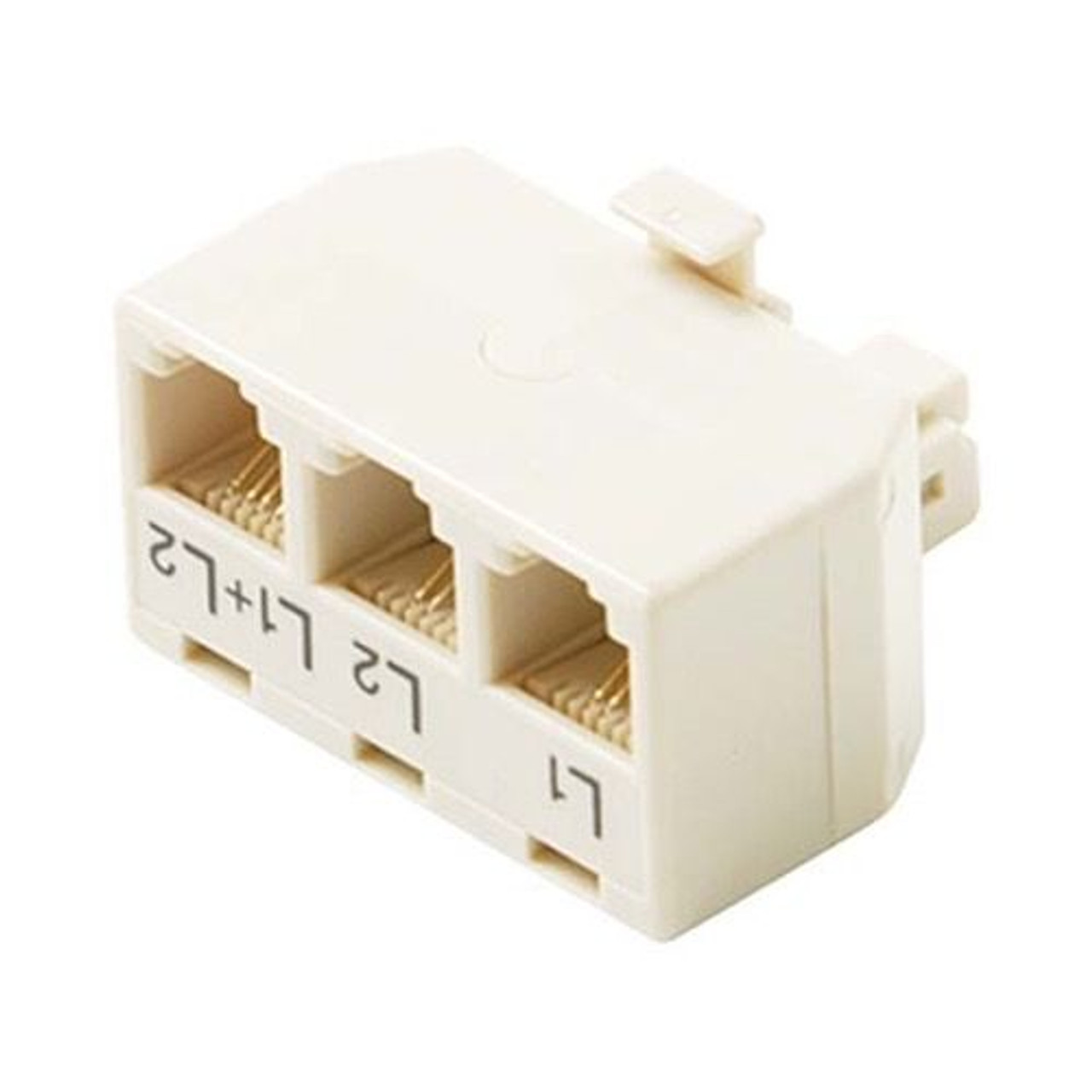 Steren 300-324 Telephone T Adapter 3 Way Jack 2 Line Splitter 6P4C 4 Conductor White RJ11 Triplex Modular 4C Tee Jack 1 Line 6X2 2 Line 6X2 Line 1+2 6X4 Jack to 6X4 Plug UL High Impact ABS Plastic Gold Contacts