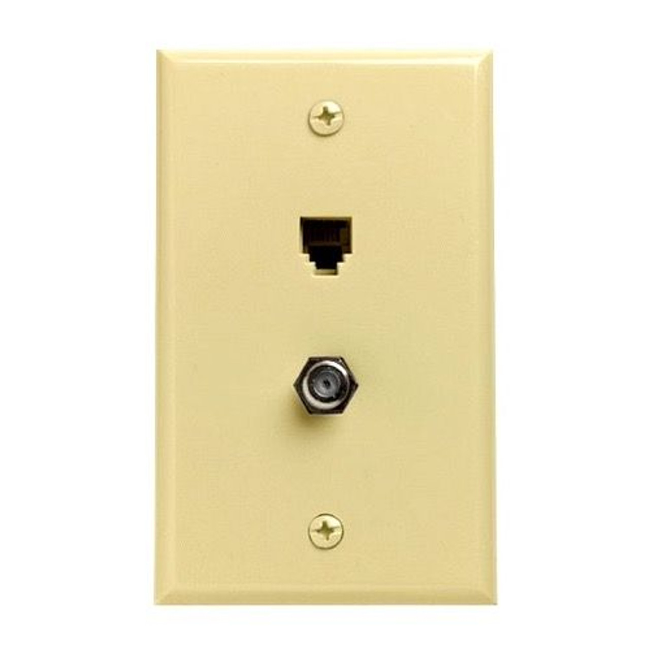 Leviton C2650I Wall Plate Telephone F Jack Coaxial 6 Conductor 6P6CRJ11 Ivory Video Phone Type Coax Combo 6-Wire F-81 Coax Cable Data Line Audio Signal Video 75 Ohm Coaxial Plug, 2 Device Outlet Cover, Part # C-2650-I