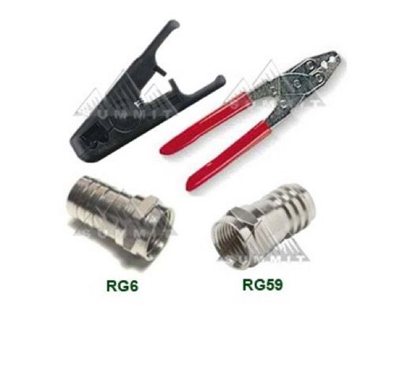 Eagle Coax Cable Connector Kit Crimper Tool Cable Stripper Connectors 10 Connectors Each Size for RG59 RG6 Cable Off Air Satellite Jumpers Extensions